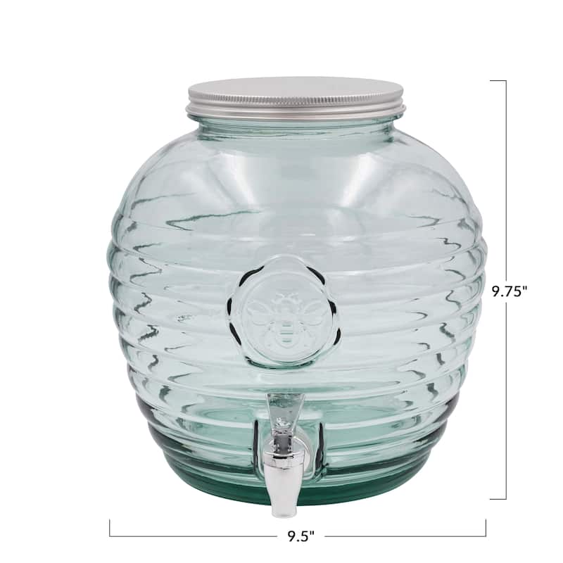 Reclaimed Glass Ribbed Beverage Dispenser with Bee Embossing - 9.5"L x 1.0"W x 9.8"H - 9.5"L x 1.0"W x 9.8"H