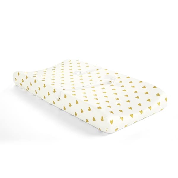 slide 2 of 5, Lush Decor Boho Metallic Hearts Allover Hearts Soft & Plush Changing Pad Cover - 32" x 16" White/Gold