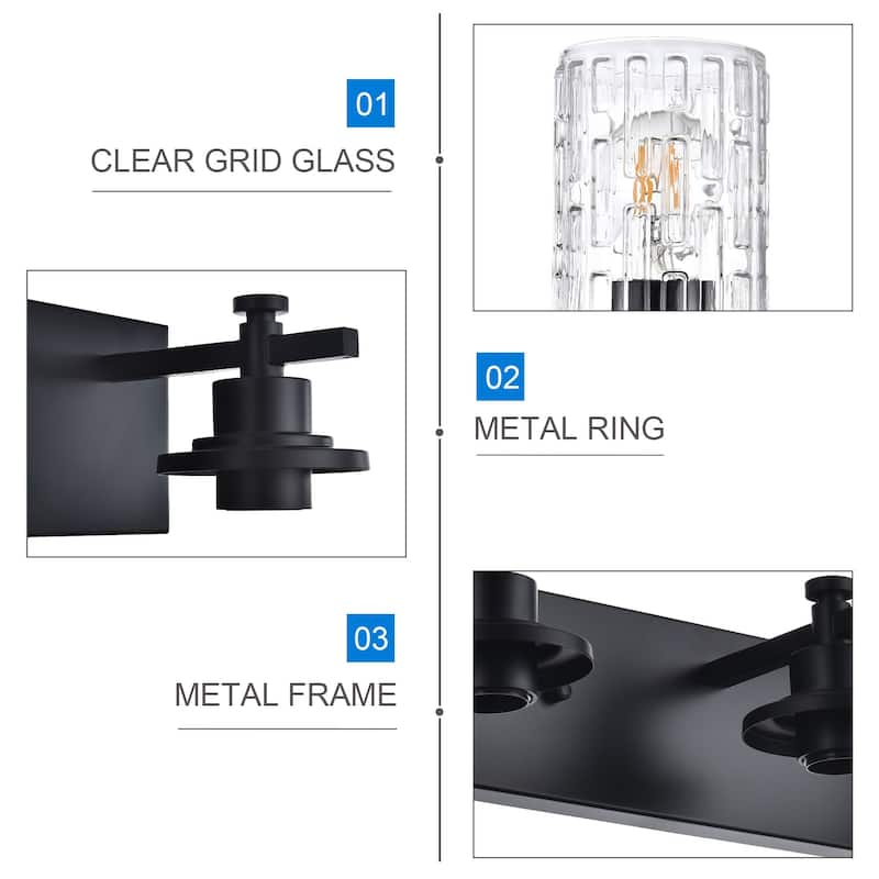 5 Light Bathroom Lighting, Modern Black Vanity Light Fixture Over Mirror, Industrial Fixture with Clear Grid Glass