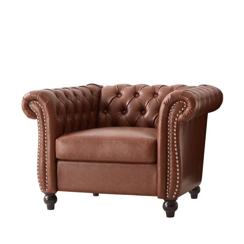Chesterfield Accent Chairs, Faux Leather Club Chair, Button Tufted Single Sofa Chair with Nailhead Trim, Rolled Arms
