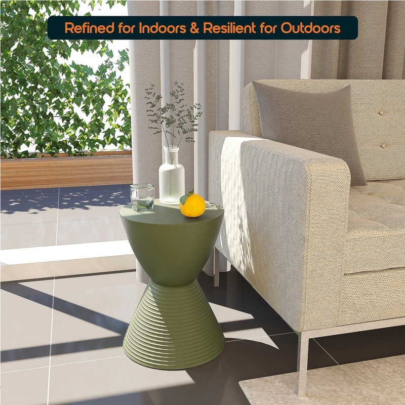 Boyd Modern Round Hourglass Polypropylene Drum Side Accent Table with Ribbed Design Base Storage for Indoor Outdoor Patio