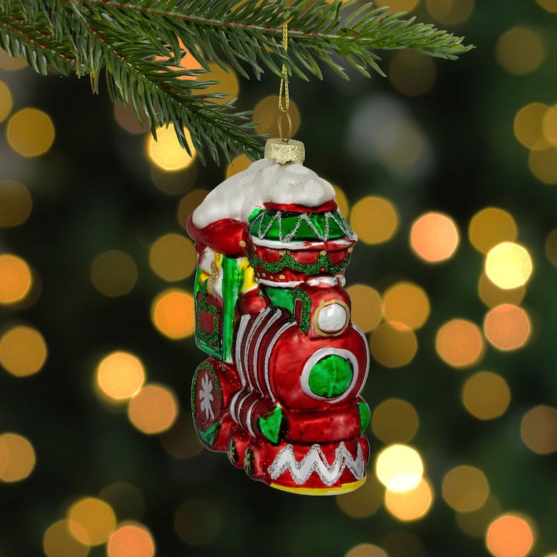 Glittered Train Christmas Glass Hanging Ornament - 4.5" - Red and Green