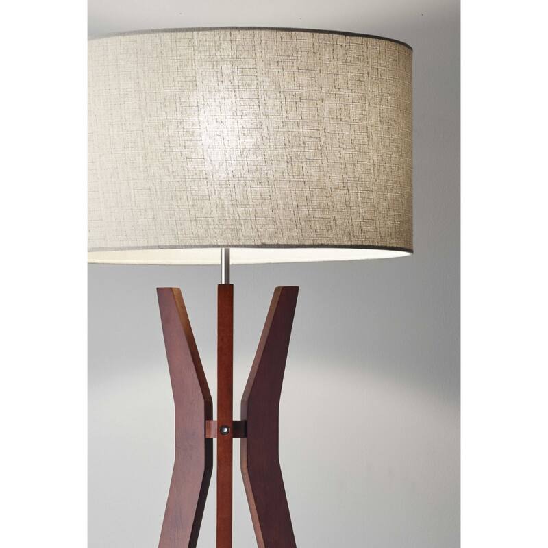 Brown Solid Wood Tripod Floor Lamp with White Fabric Drum Shade Rotary Switch - 20” x 20” x 59.5” (D x W x H)