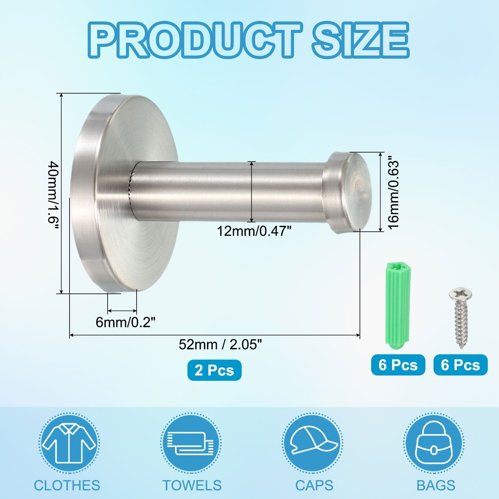 2Pcs Stainless Steel Bathroom Towel Hooks, 2x0.5" Clothes Hooks, Silver