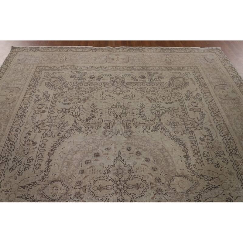 Distressed Tabriz Persian Vintage Rug Hand-Knotted Beige Wool Carpet - 8'0"x 10'7"