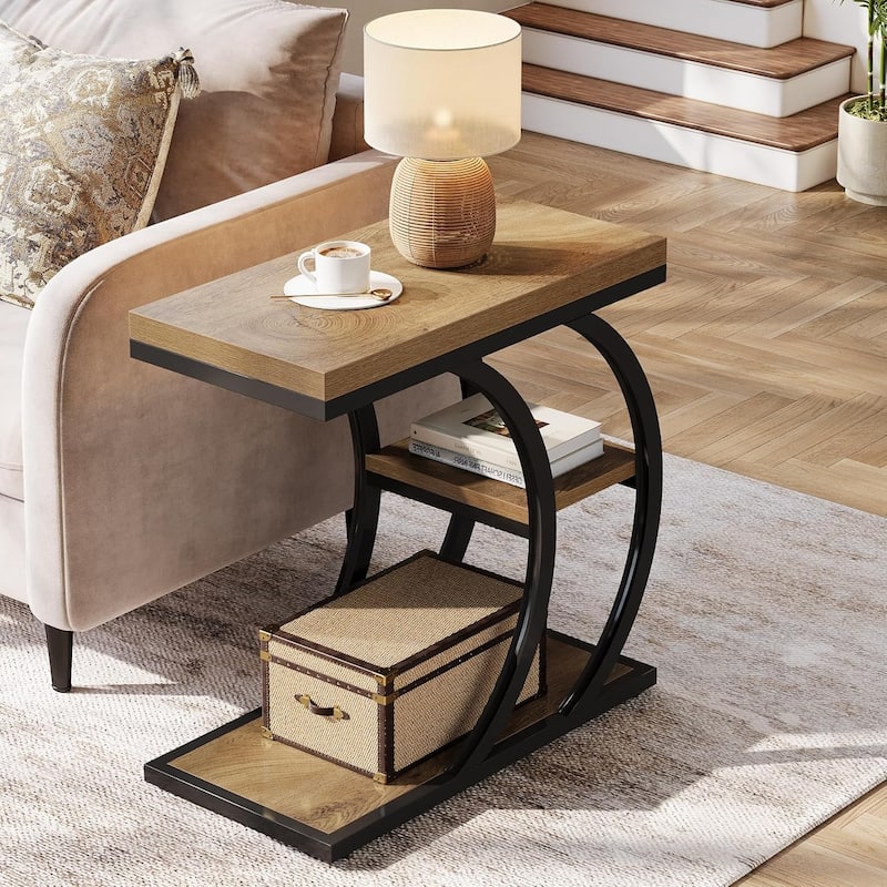 3-Tier Narrow Wood Couch C-Shaped Side End Table with Storage, Industrial Nightstand for Bedroom, Small Spaces
