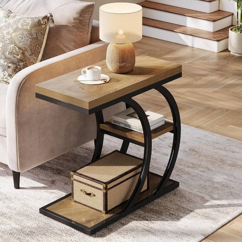 C-Shaped End Table for Living Room, 3-Tier Narrow Wood Side Table with Storage - 23.62" L x 11.81" W x 23.03" H
