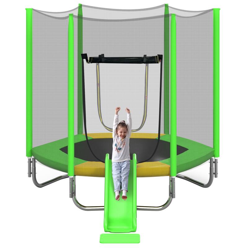 7FT Trampoline for Kids with Safety Enclosure Net, Slide and Ladder, Regular Hexagon Outdoor Recreational Trampoline