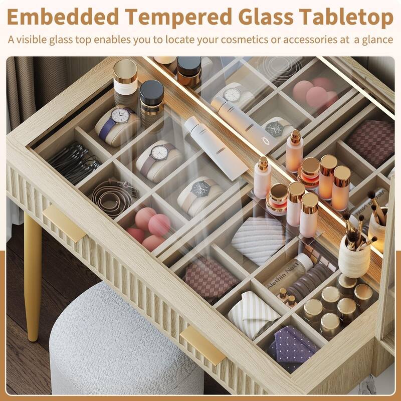 Modern Glass Top Dressing Table with 5 Drawers， LED Mirror