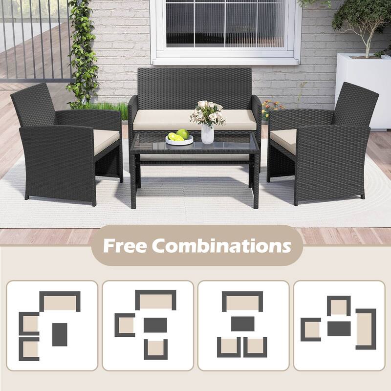 Gymax Set of 8 Patio Conversation Set w/Seat Cushions & Tempered Glass