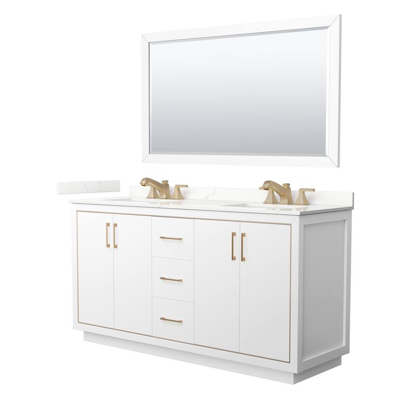 Icon 66-inch Double Vanity, Quartz Top, 58-inch Mirror - White, Bronze Trim, Giotto Quartz Top