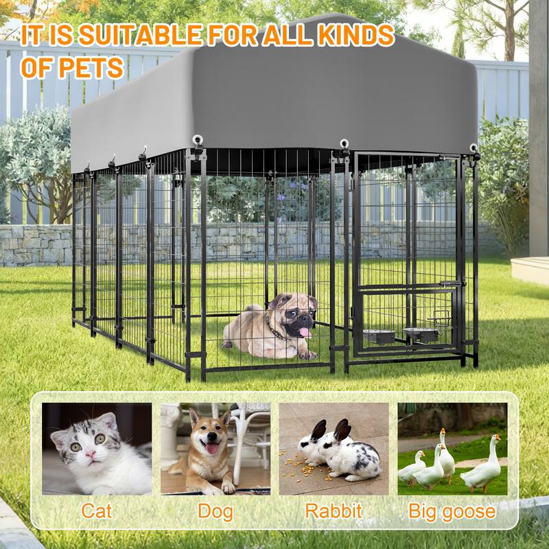 GDFStudio - Large Outdoor Heavy Duty Metal Dog Kennel with Roof, UV-Resistant Waterproof Cover, Double Lock & Rotating Feeder