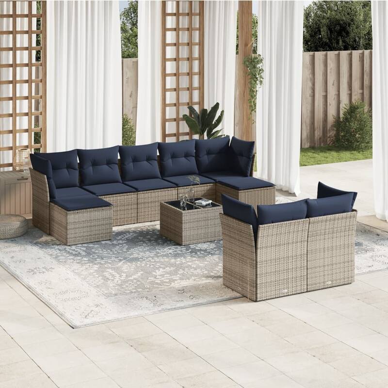 vidaXL 9/10 Piece Patio Sofa Set with Cushions Black/Brown/Gray Poly Rattan - 21.7 x 24.4 x 27.2 - Beige and gray With table