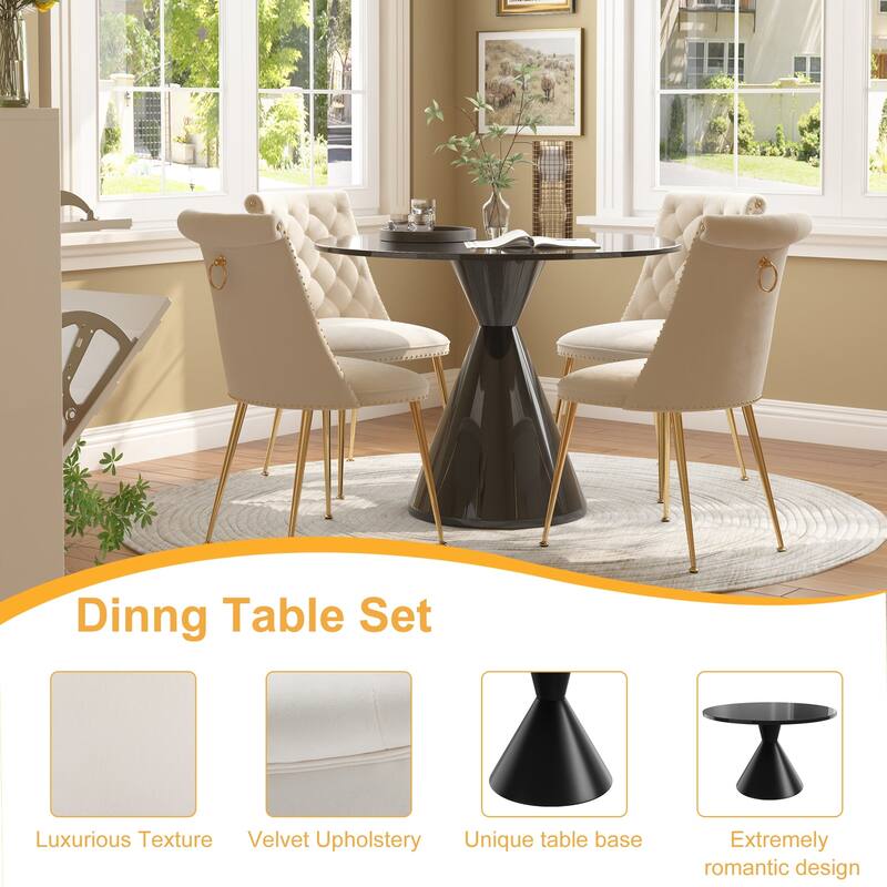 48" Light Luxury Black High Gloss Large Countertop Dining Table with Velvet Dining Chair Set