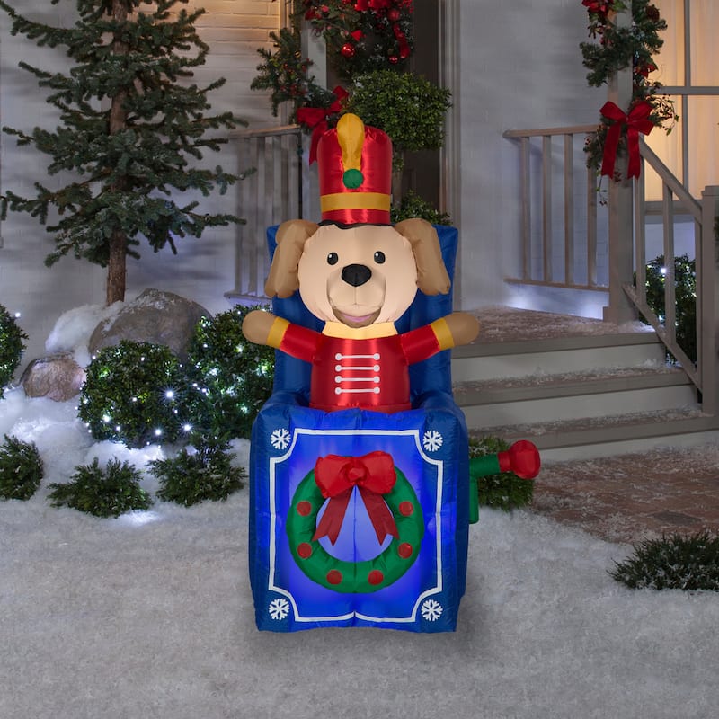 Gemmy Animated Christmas Inflatable Toy Soldier Dog in Pop Up Box, 5 ft Tall