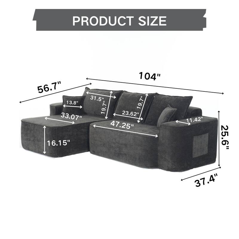 L Shaped Modular Sectional Sofa with Chaise Lounge, Chenille Upholstered Cloud Couch, Full Compressed Corner 4 Seat Sofa - Black