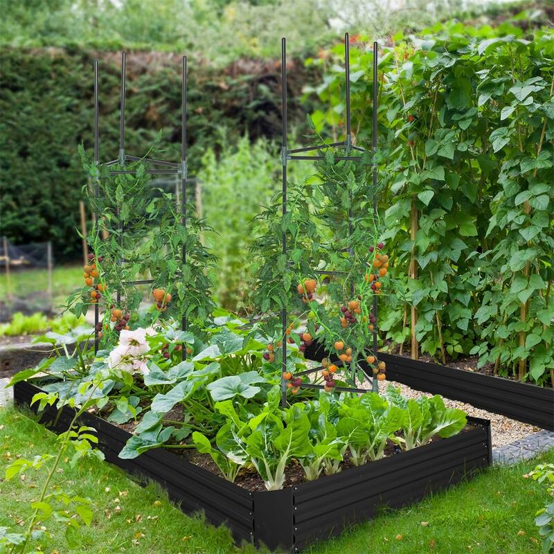 Black Steel Raised Garden Planter with Tomato Cages and Drainage - 70.75" L x 35.5" W x 11.5" H