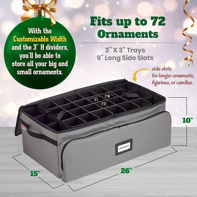 Premium Christmas Ornament Storage Box - Hold Up to 72 - 3 Inch Ornaments, + 8 Side Slots for Figurines, Nutcrackers, etc.