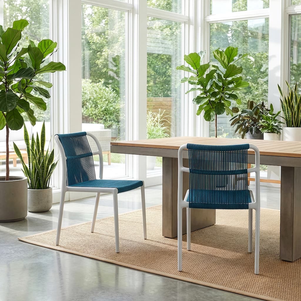 Set of 12 Belden Blue Woven Rope Fabric Dining Chair with Plastic Frame