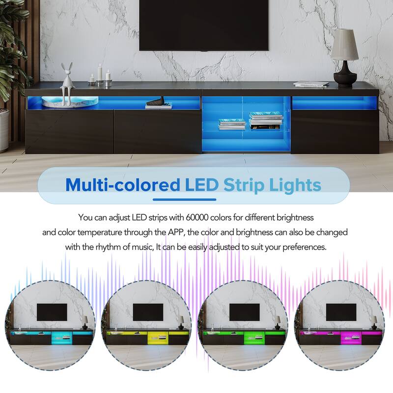 Unique TV Stand with Adjustable LED Lights and 2 Glass Shelves, Media Console for TVs Up to 105"