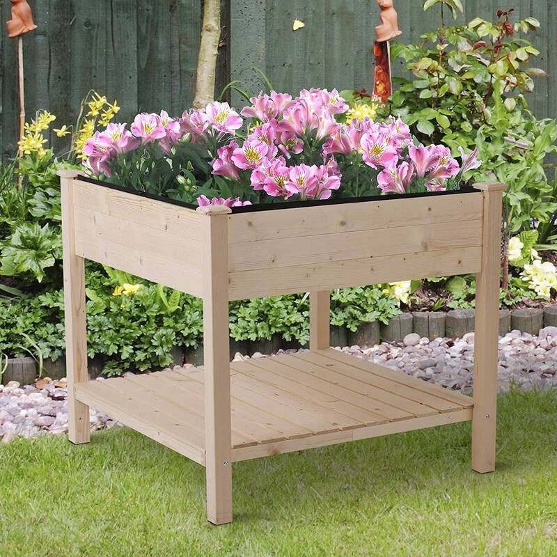 Outsunny 3 ft. x 3 ft. Raised Garden Bed with Storage Shelf for Limited Spaces, Wooden Square Planter Box