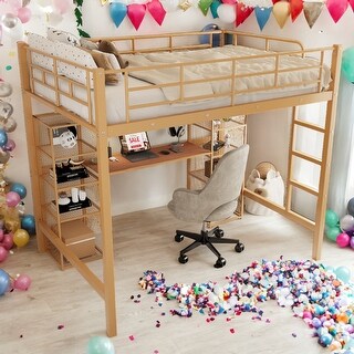 Kids and Baby Full Size Metal Loft Bed with Built-in Desk,Shelves