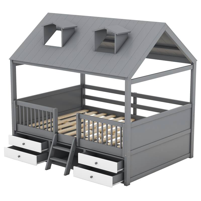 Wood House Bed with Fence & Roof