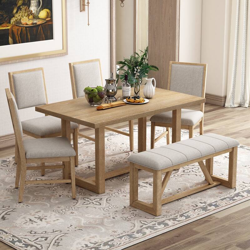 6-Piece Transitional Dining Set with Table, 4 Chairs & Bench - Natural