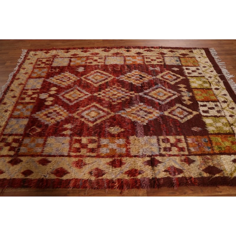 Hand Knotted Oriental 100% Wool Carpet Modern Tribal Red Moroccan Area Rug - 7' 8'' X 5' 8''