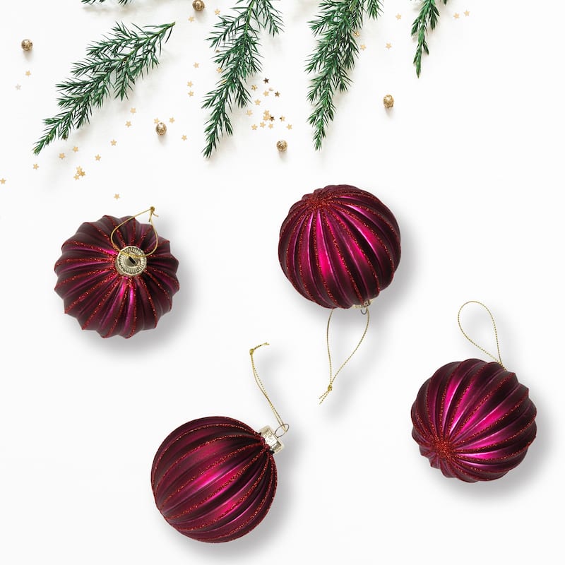 Ribbed Glittered Glass Ball Christmas Ornaments - 3" (75mm) - Maroon - 4ct