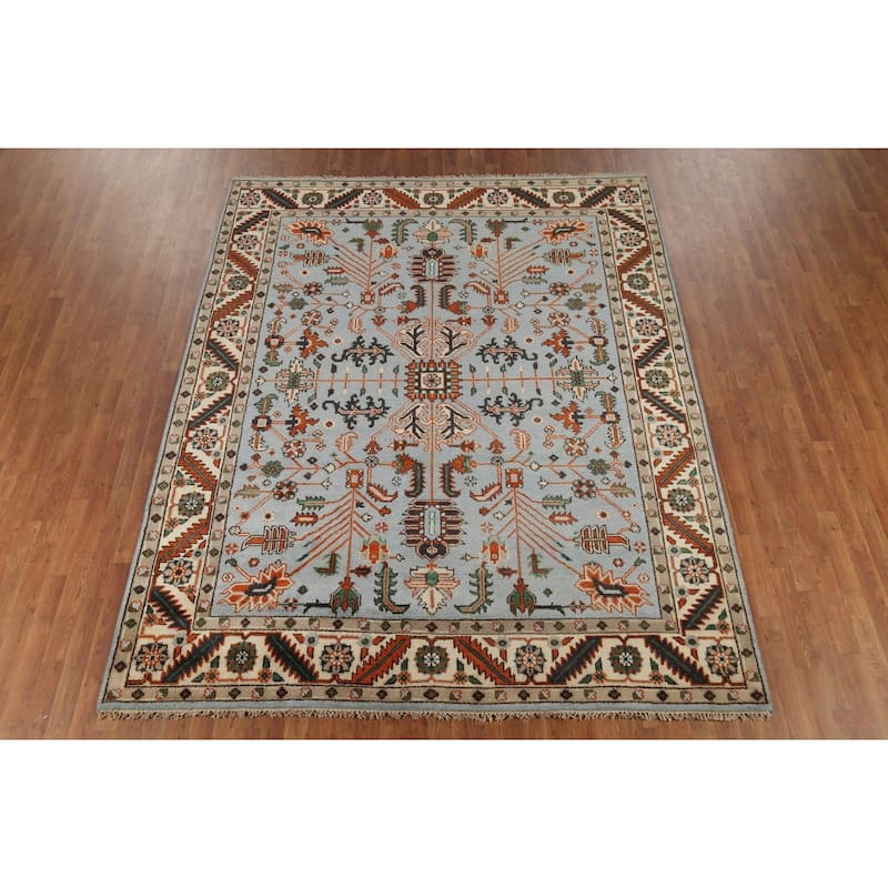 Light Blue Geometric Oushak Oriental Area Rug Hand-Knotted Wool Carpet - 7'10"x 9'10"