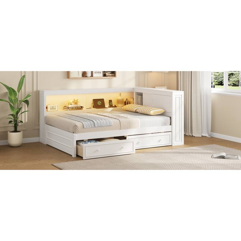 Full Size Wood Daybed with Storage Shelves, USB, LED, and 2 Drawers