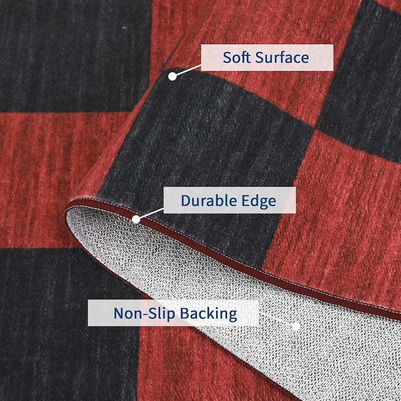Grid Pattern Washable Christmas Area Rug Indoor Floor Cover for Xmas Holiday Decoration, Red+Black