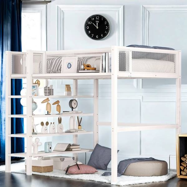 slide 2 of 11, Twin Size Metal Loft Bed With 4-Step Ladder, Storage Space White