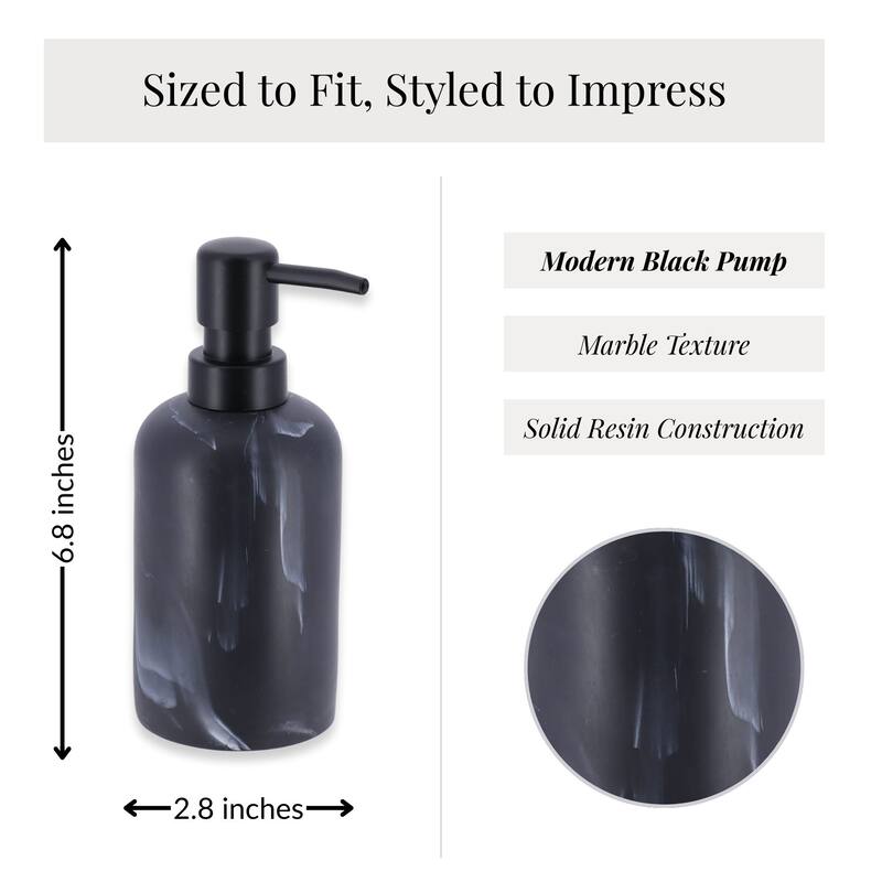 Marble Resin Soap Dispenser with Black Pump - 2.8 L x 2.8 W x 6.8 H