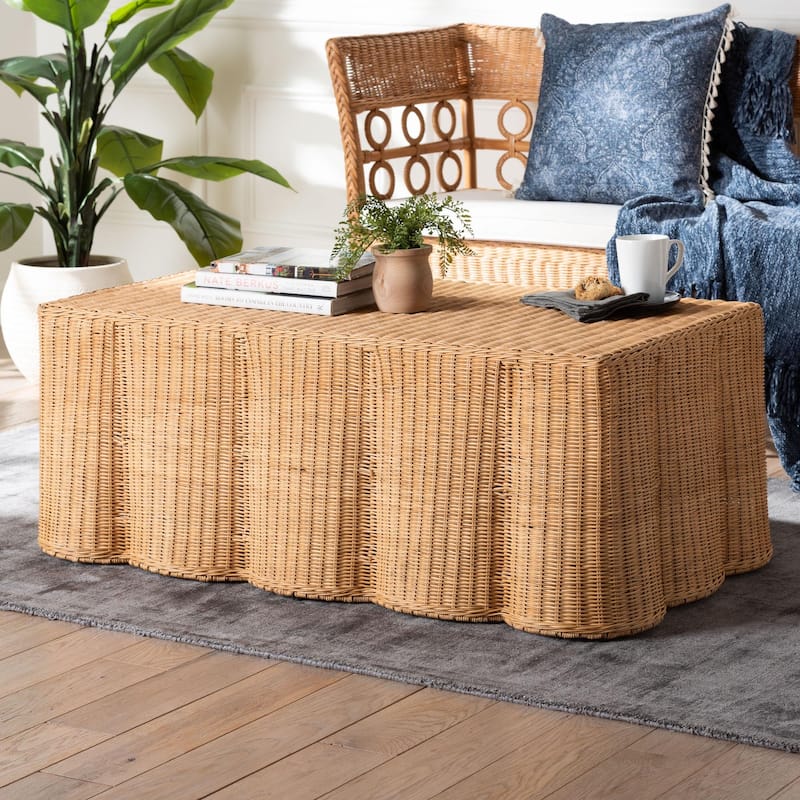 Palm Scalloped Rattan Coffee Table - Handwoven Wicker Rectangle Accent Table for Living Room, Patio or Sunroom