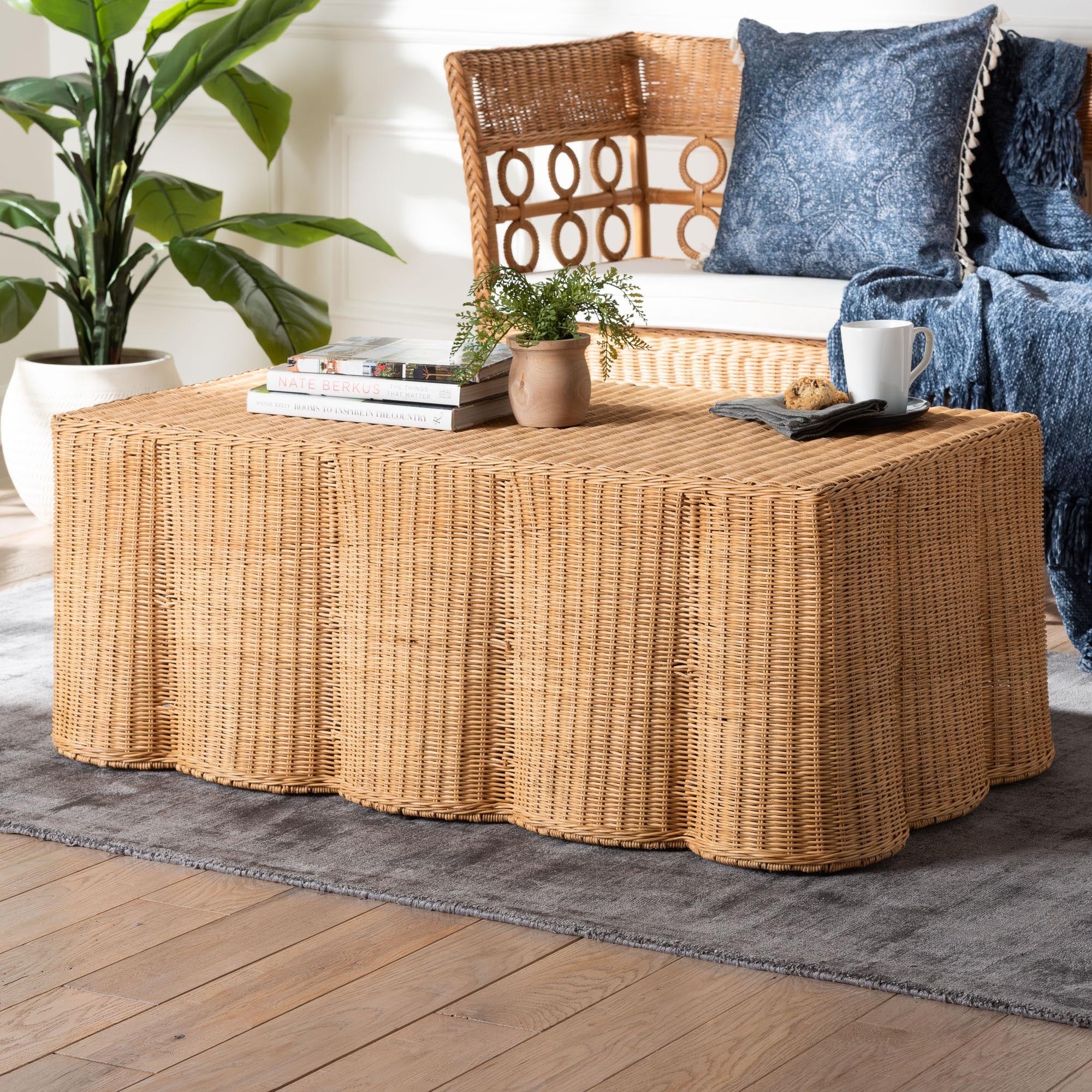 Palm Scalloped Rattan Coffee Table - Handwoven Wicker Rectangle Accent Table for Living Room, Patio or Sunroom