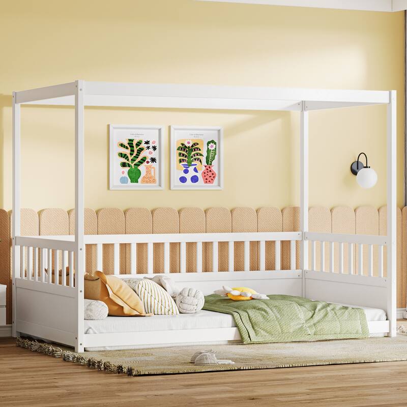 Full Size Montessori Canopy Floor Bed for Kids with Tall Safety Guardrails, Wooden Low Platform Bed Frame with Roof Structure