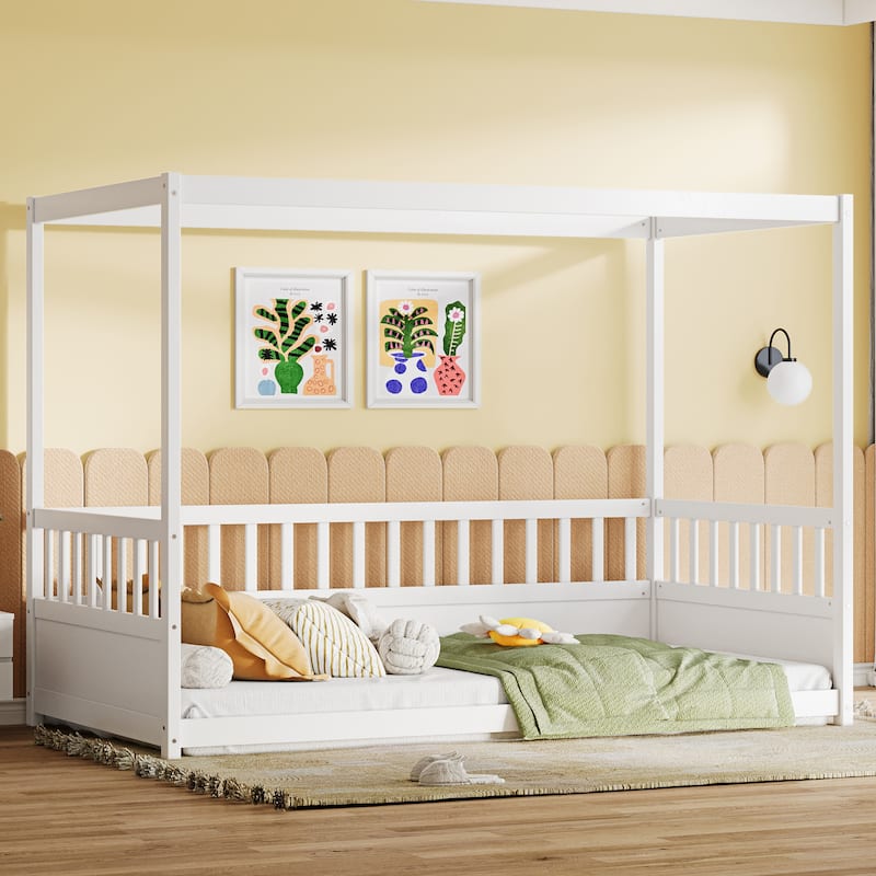 Wood Canopy Bed Frame with Guardrails