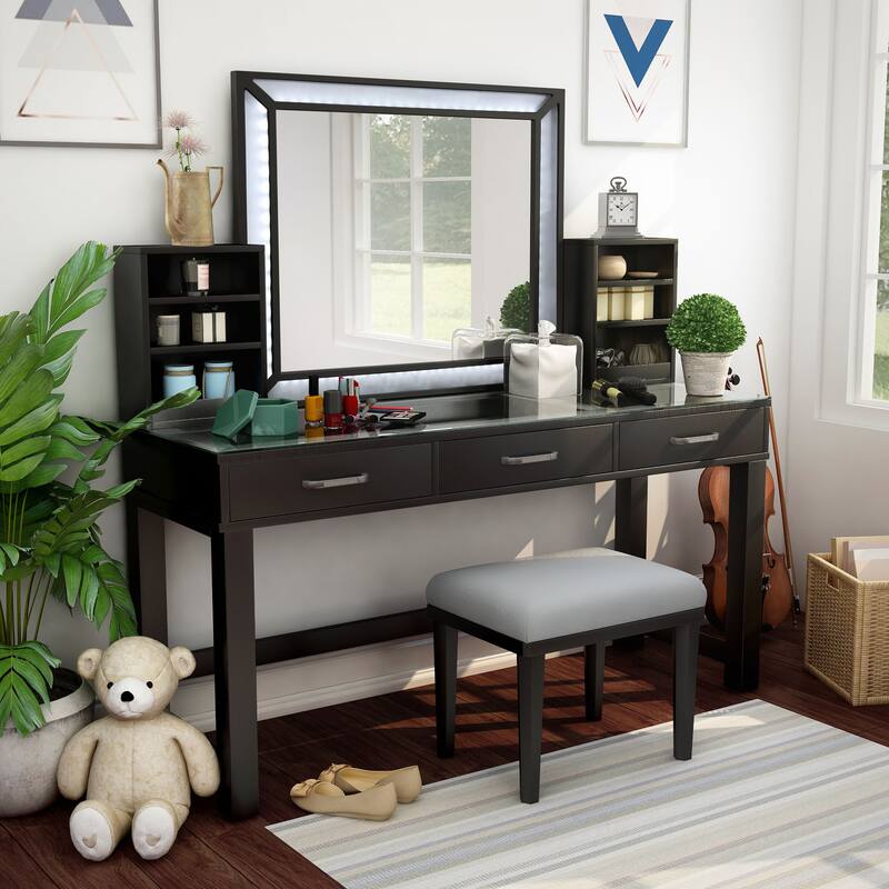 Furniture of America Wres Contemporary Solid Wood LED Light 3-Piece Makeup Vanity Set - Obsidian Grey