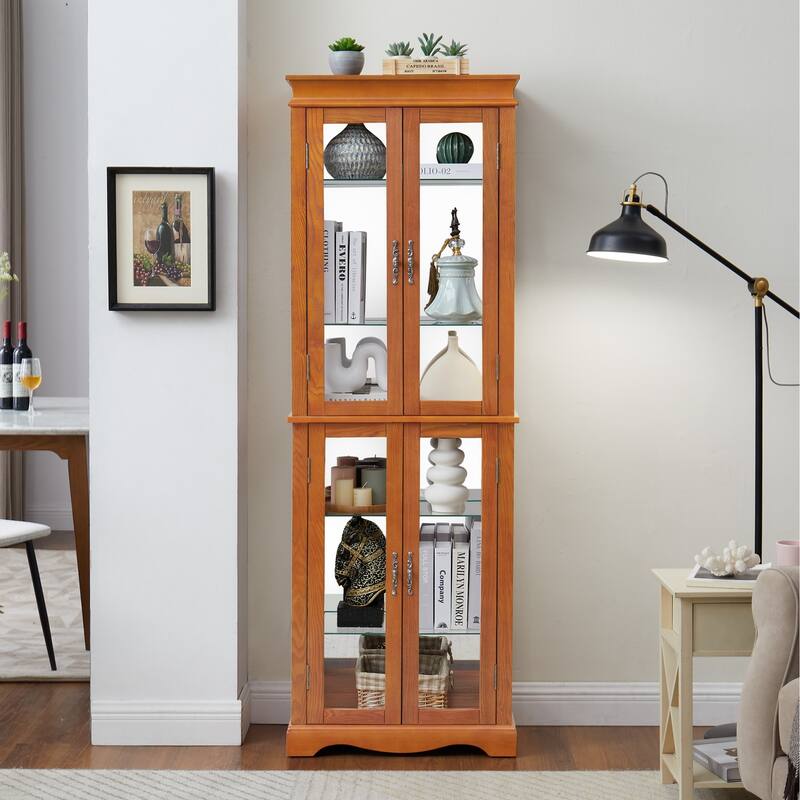 Elegant Lighted Glass Curio Display Cabinet,Bulb Included - Oak