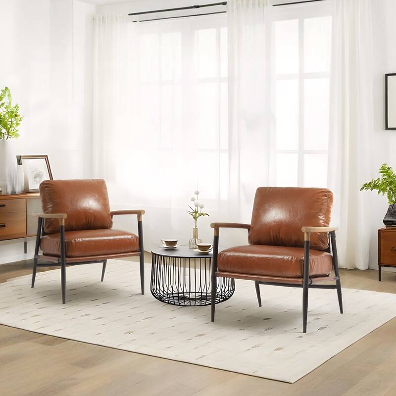 27" W Modern Upholstered Metal Frame Accent Chair - Set of 2 - Brown- Faux Leather