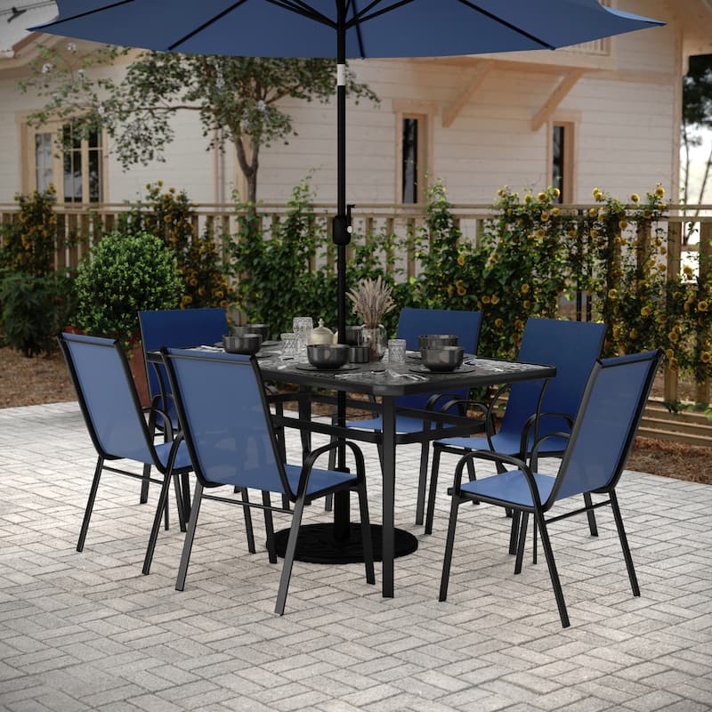 Commercial 7 Pc Outdoor Patio Dining Set with Glass Table and 6 Chairs