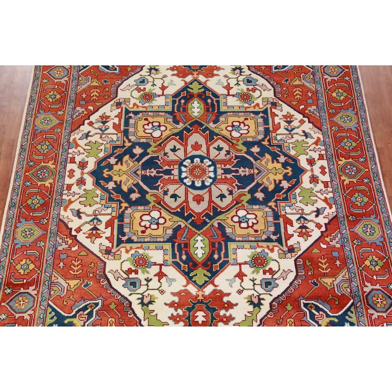 Ivory & Orange Medallion Heriz Serapi Indian Area Rug 9x12 - 9' x 12'