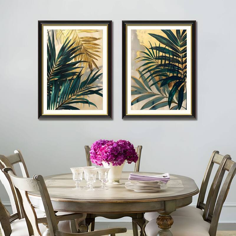 Set of 2 Tropical Palm Leaf Framed Wall Art - Replaceable Canvas Prints with Solid Wood Picture Frames, Modern Botanical