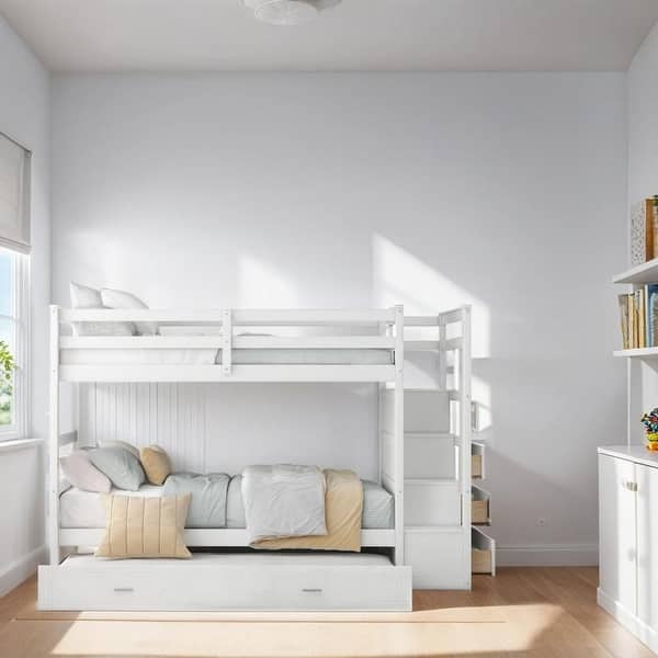 slide 2 of 9, Twin Over Twin Bunk Bed with Trundle, Wooden Bed with Staircase and 4 Storage Drawers, Kid's Bed with Guardrail, White White