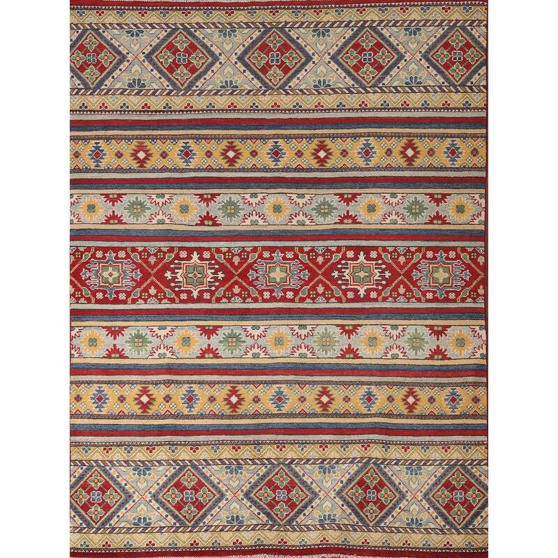 Striped Geometric Kazak Area Rug Hand-Knotted Wool Carpet - 4'11" x 6'7"