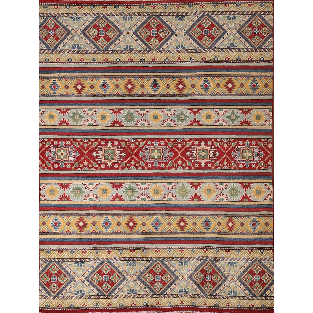 Striped Geometric Kazak Area Rug Hand-Knotted Wool Carpet - 4'11" x 6'7"