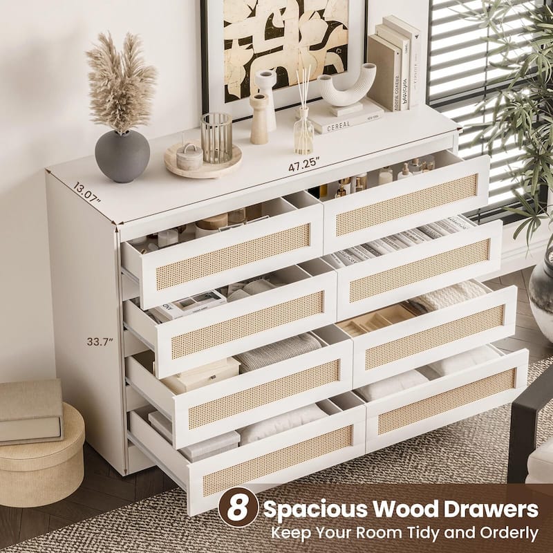 Rattan Dresser for Bedroom, Closet, Wooden Dresser with 8 Drawers, Modern Chest of Drawers with Large Storage