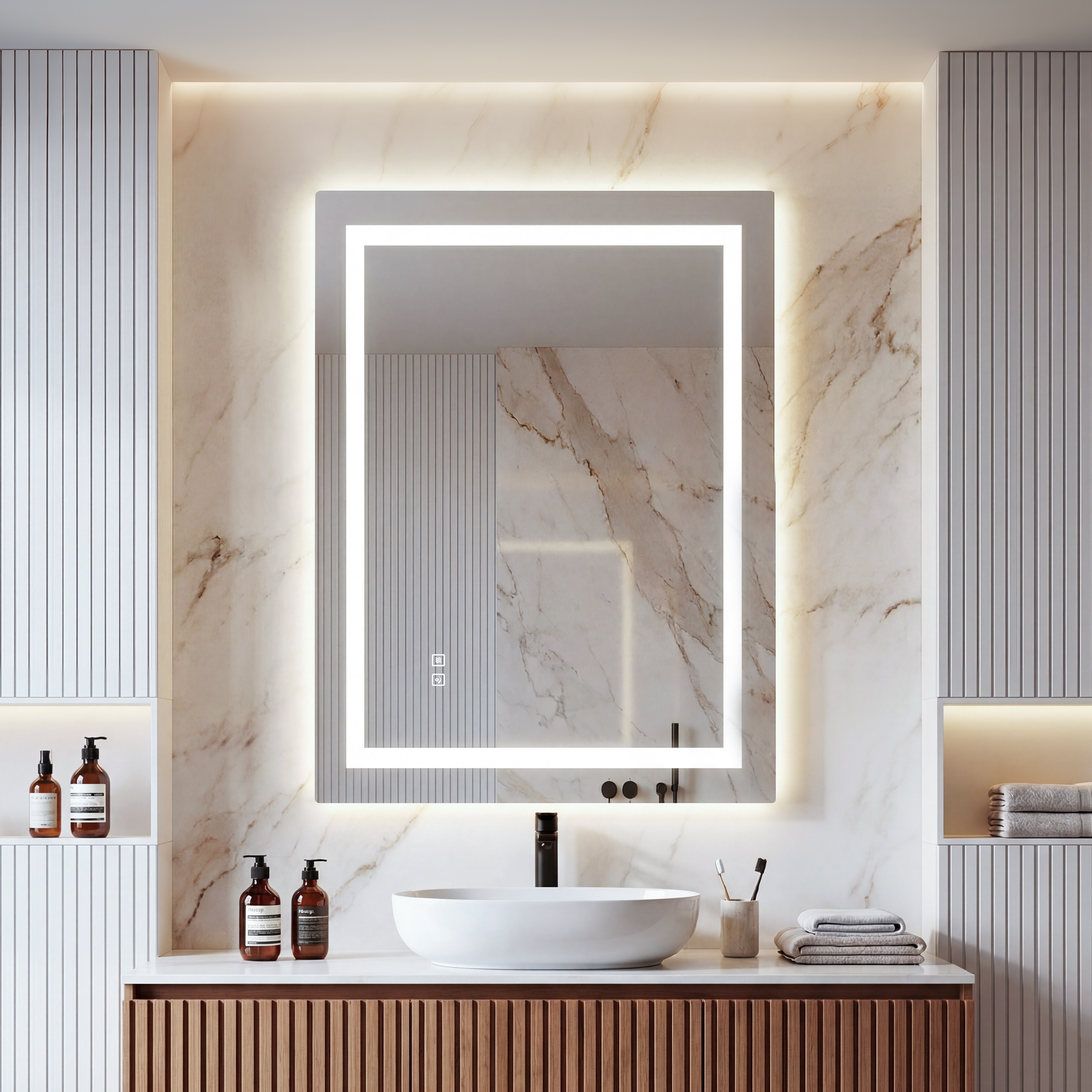 LED Bathroom Vanity Mirror with Dual Light Strips, Front & Backlit, Dimmable 3-Color Lighting, Anti-Fog, Touch Sensor